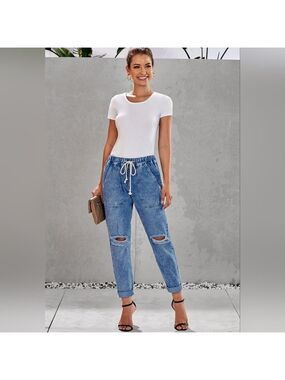 TRÏBE Distressed Elastic Waist Baggy Denim Jeans Size XL